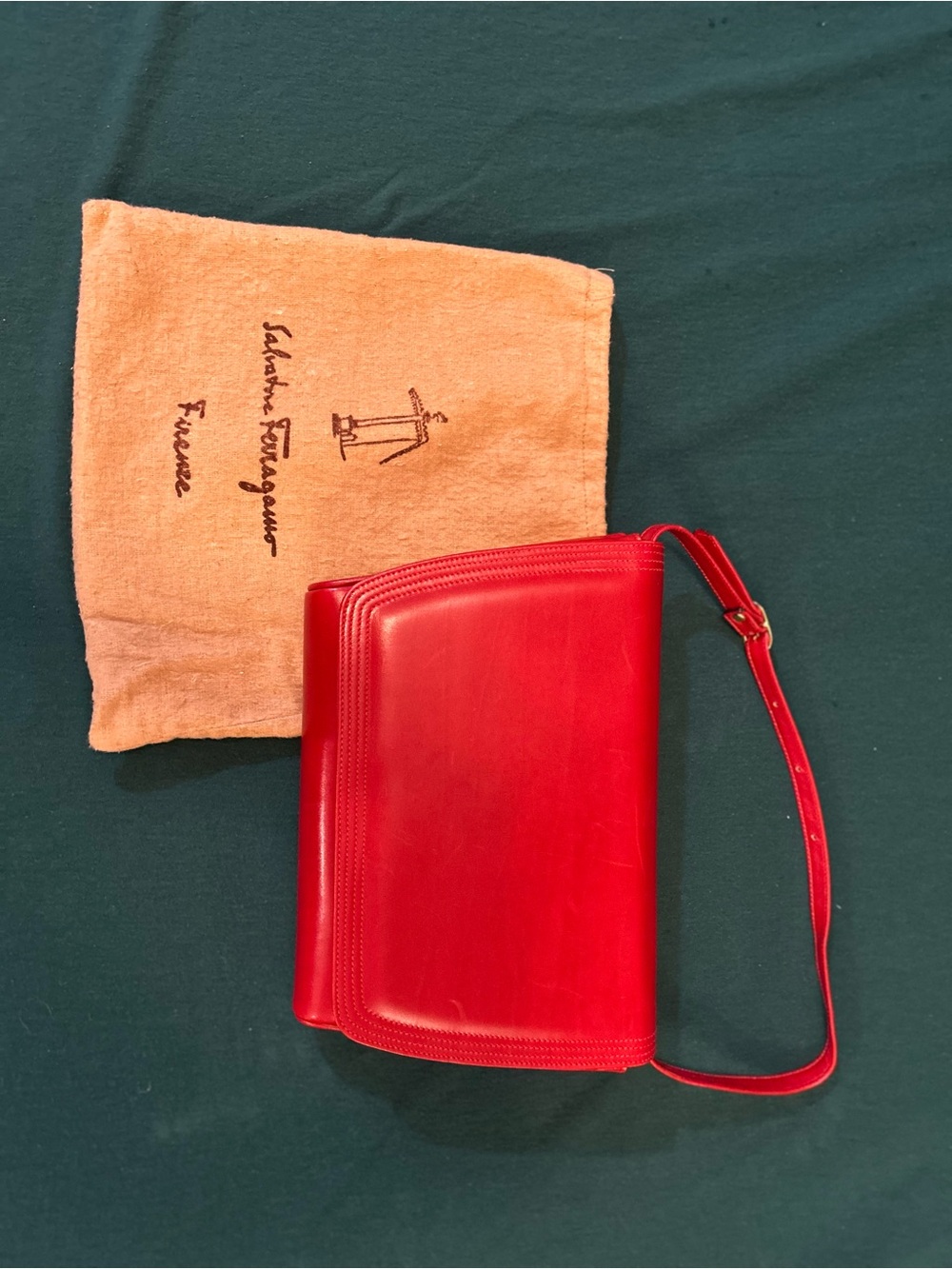 Vintage Salvatore Ferragamo Red Leather Shoulder Bag with Adjustable Strap